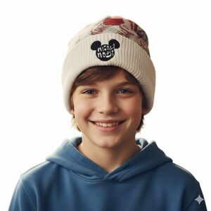 Retro Disney Disneyland Parks Mickey Mouse Winter Hat Girl Boy White Red Gray